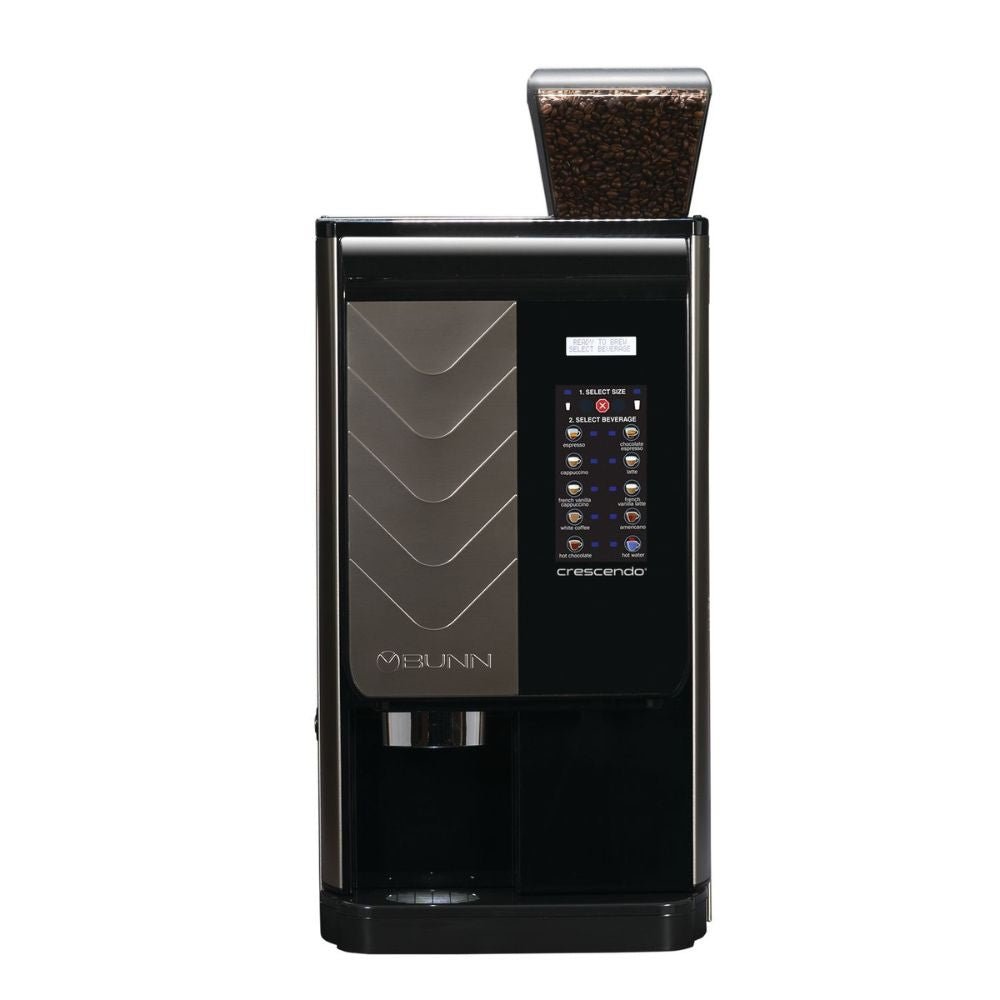 CAFETERA BUNN CRESCENDO 120V 60HZ 44300.0201 | Cafetera Expresso | Molino | 3 Tolvas | Acero | Plástico Negro | Oficina Coworking Cafetería | Hotel Desayunador Tienda Conveniencia